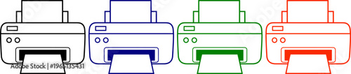 Set of four printer icons in black blue green and red isolated on transparent background technology