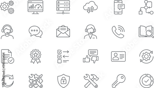 Customer Support and Service Line Icon Set Featuring Communication, Help Desk, Settings, Security, Feedback, Workflow, and Technical Assistance Symbols for Web and App Design