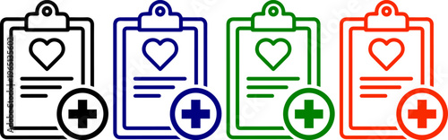 Medical clipboard with heart and plus symbol in black blue green orange on background
