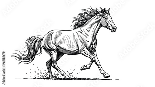 Artistic black and white pencil sketch of a powerful horse running fast and kicking up dust in a dynamic pose.