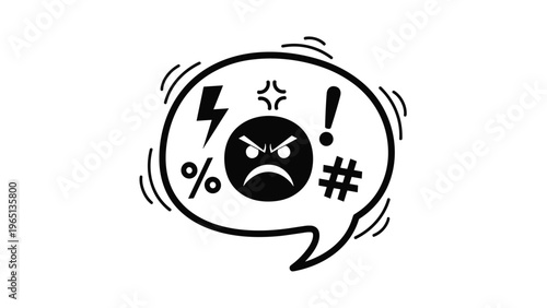 Black and white comic style speech bubble containing symbols and an angry face representing swearing and frustration.