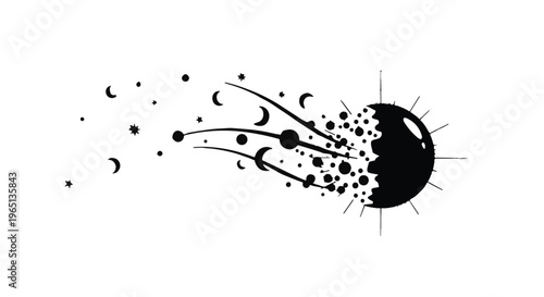 Abstract exploding celestial body with orbiting moons and stars