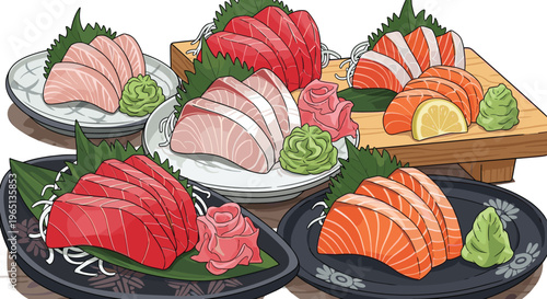 Sashimi and Sushi Plate Illustration Set with Fresh Fish, Wasabi, and Garnishes for Culinary, Food, and Japanese Cuisine Design