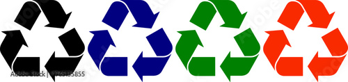 Four recycling symbols in black, blue, green, and red, representing sustainability and environmental care