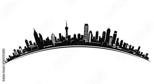 Modern city skyline silhouette against a bright white background, conveying urban development and progress.