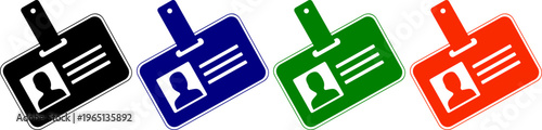 Four identification badges in black, blue, green, and red, showing access and personnel credentials