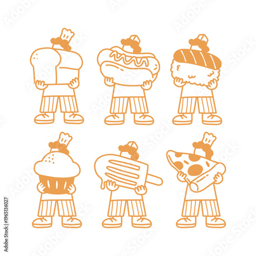 MINIMALIST HAND DRAWING CHEF IS HOLDING FOODS LOGO SET