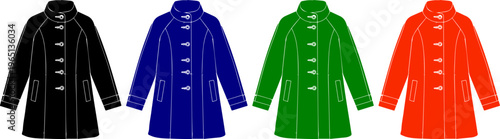 Fashion coat set in black blue green and orange colors with buttons and collar for women