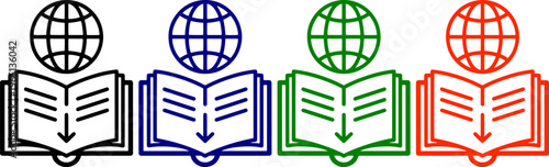 Set of open books and globe icons in black blue green and orange colors representing knowledge