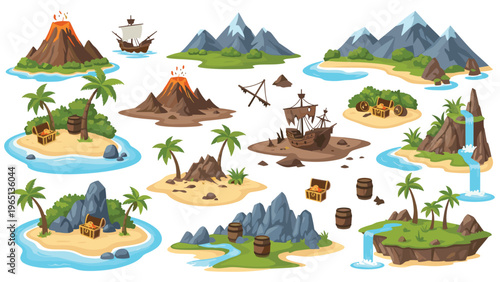 Extensive set of tropical island landscapes featuring volcanoes, palm trees, beaches, shipwrecks, and hidden treasures.