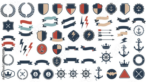 Comprehensive collection of vintage style badges, labels, shields, ribbons, and nautical icons for branding and design.