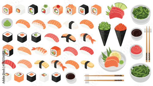 Large collection of various sushi types, rolls, sashimi, wasabi, ginger, and bowls of seaweed salad with chopsticks.