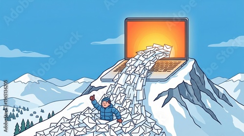 Surreal mountain gateway portal with glowing light and climber in winter gear