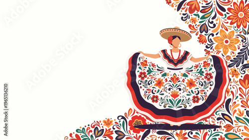 Mexican woman wearing a traditional folkloric dress dancing against a background of vibrant floral patterns and colorful ornaments.