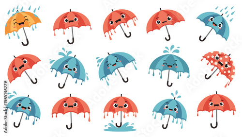 Collection of cute and colorful umbrella characters with various facial expressions being splashed by raindrops on a white background.