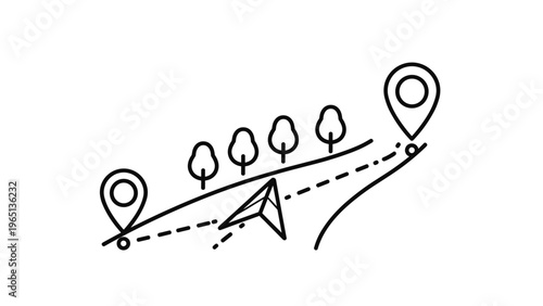 Simple road path illustration featuring location markers, a winding road, and stylized trees representing a navigational route or journey.
