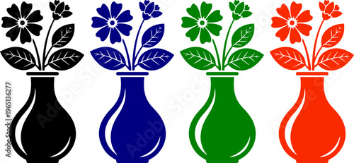 Flowers in vase set in black blue green red silhouette isolated on checkered background