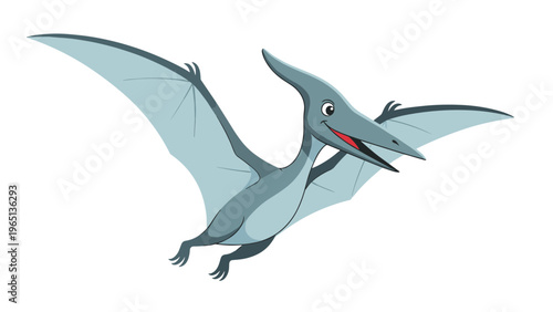 Pterodactyl flying dinosaur illustration with large wings spread out against a plain white background for educational use.