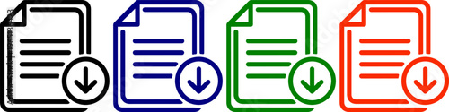 Document icon with download arrow in black blue green and red isolated on checkered background