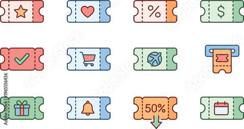 Discount and Coupon Ticket Icon Set Featuring Sale, Voucher, Shopping, Promotion, Gift, Notification, Calendar, and Retail Offer Symbols in Flat Design Style