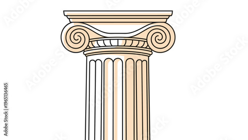 Close up illustration of a classical greek ionic column head with its distinctive spiral volutes and fluted shaft on a white background.