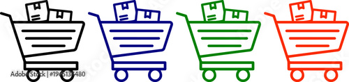 Shopping cart icon filled with boxes in black blue green and red isolated on checkered background
