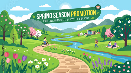 Spring Season Promotion Banner with Scenic Landscape