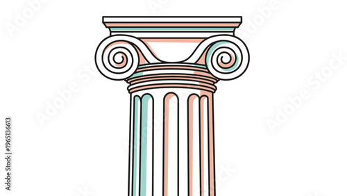 Simple color block illustration of a classical greek ionic column head with spiral volutes in soft peach and teal tones.