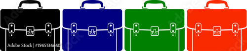 Group of briefcase icons in black, blue, green, and orange with silver details, professional accessory