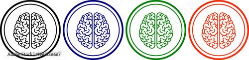 Set of brain icons in black, blue, green, and orange circular frames, representing intelligence