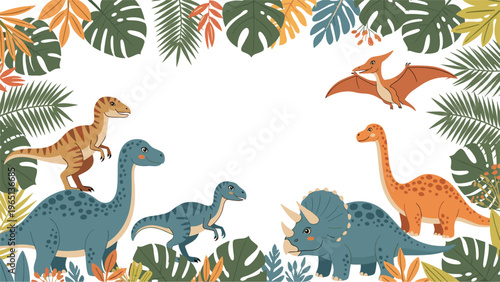 Diverse group of colorful dinosaurs including triceratops, brachiosaurus, and velociraptor in a lush tropical jungle background.
