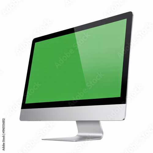 A sleek computer monitor with a green screen on a white background