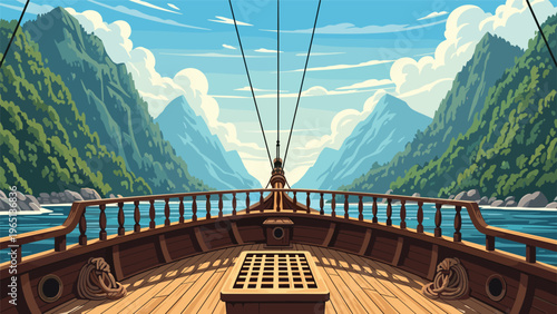 First person view from the wooden deck of a sailing ship looking out towards high green mountains and a calm blue water fjord.