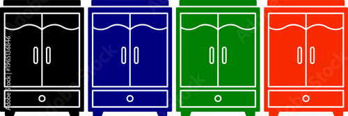 Wardrobe cabinet with doors and drawer icon in black blue green and red colors
