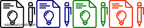 Creative idea development concept document with pen and light bulb illustration in four colors