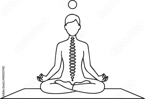 A person meditating in lotus position with spine and chakras visible
