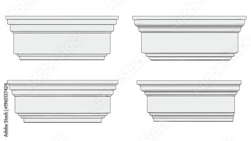 Four variations of architectural crown molding profiles showing elegant ceiling trim designs for interior home renovation and construction projects.