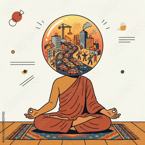 Buddhist monk meditating with urban chaos mind illustration concept