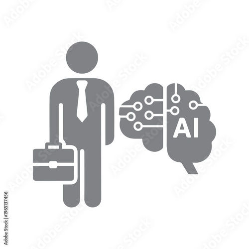 Monochrome icon depicts a person in formal wear carrying a briefcase merging into a circuit board brain labeled AI for work.