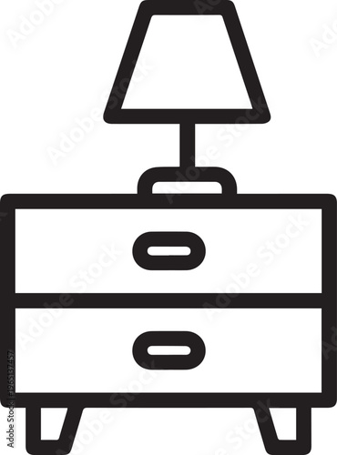 A black and white drawing of a dresser with a lamp