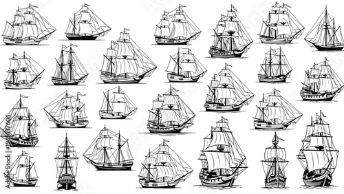 Large collection of black and white sketches showing various types of historical sailing ships and galleons on white background.