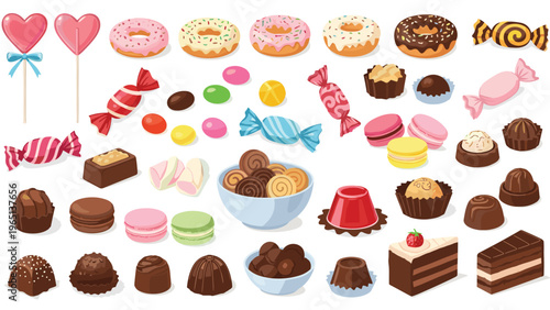 Large assortment of colorful sweets and candies including chocolates and cakes for a festive bakery or confectionery display.