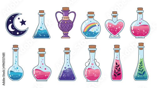 Selection of magical potion bottles in various shapes filled with colorful liquids and rainbows under a celestial moon symbol.
