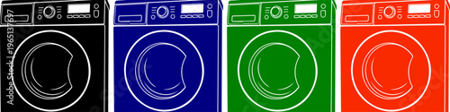 Washing machine in black blue green and red colors on transparent background