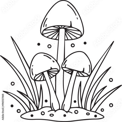 A black and white drawing of three mushrooms