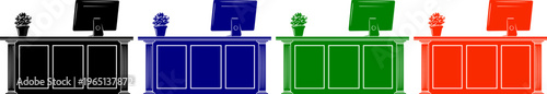 Set of reception desk or counter with computer monitor and potted plant decor