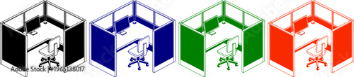 Isometric office cubicle with chair desk and computer screen on checkered background