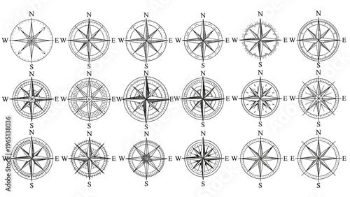 Large set of various vintage compass rose designs and nautical stars used for navigation and mapping on old sea charts and scrolls.