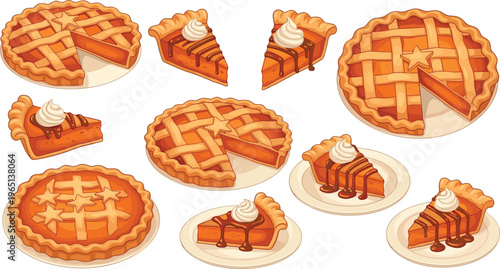 Delicious pumpkin pie illustration set with slices, whipped cream topping, caramel drizzle and baked lattice crust dessert collection