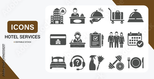 Hotel Services Icon Set – Vector Collection of Front Desk, Room Service & Fitness Center Amenities